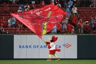 FredBird, the St.Louis Cardinals mascot waves a Cardinals flag ahead of a Miami Marlins v St. Louis Cardinals game.